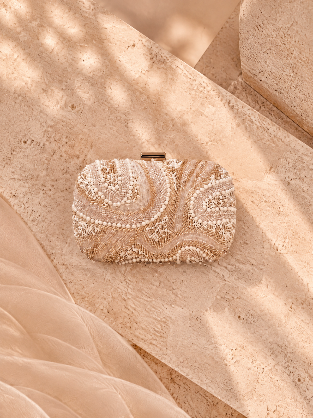 BOLODOO Champagne Gold Pearl-Look Beaded Evening Clutch Bag 