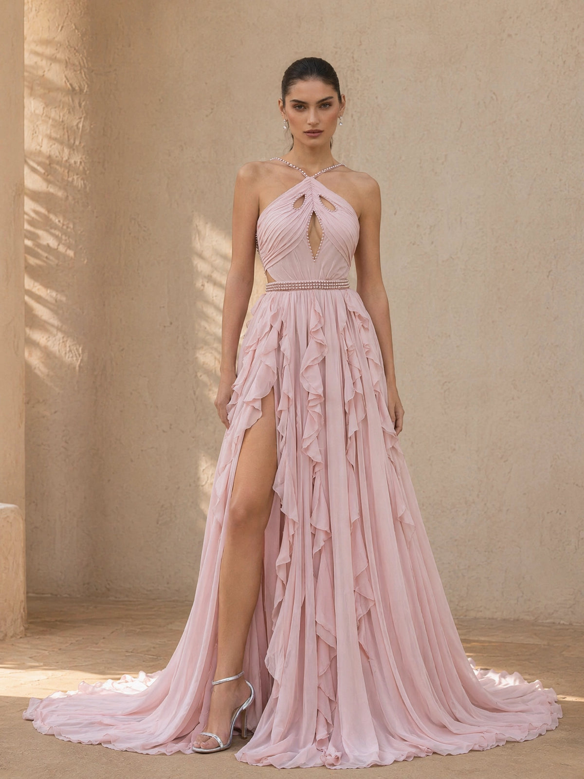 BOLODOO Blush Pink Halter Neck Crossover Keyhole Chiffon Cascading Ruffle Evening Gown - full front view with high slit and beaded belt