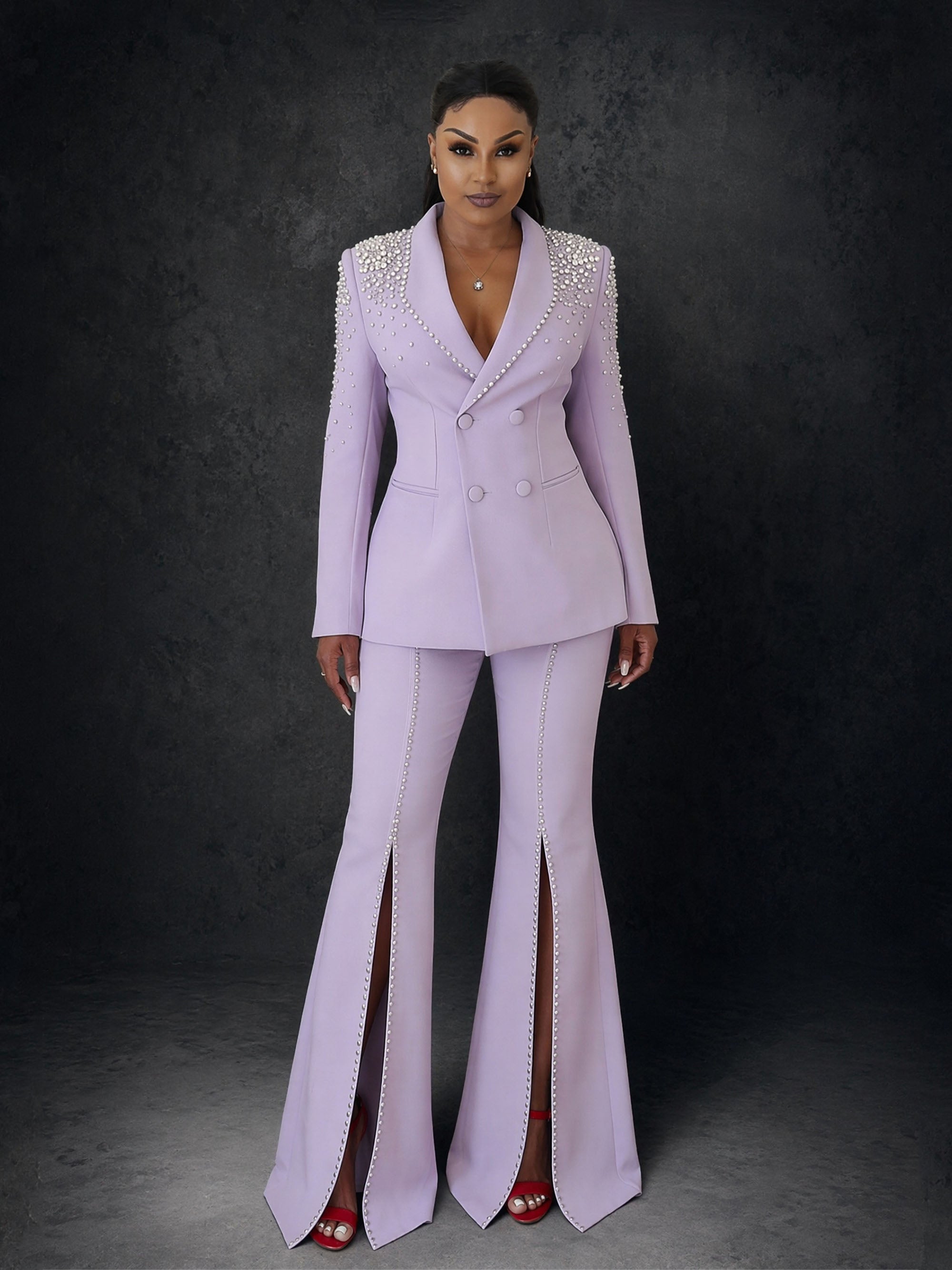 BOLODOO Lavender Pearl Rhinestone Shawl Lapel Blazer Pearl Trim Flare Pants Suit - Front Full Length Standing View