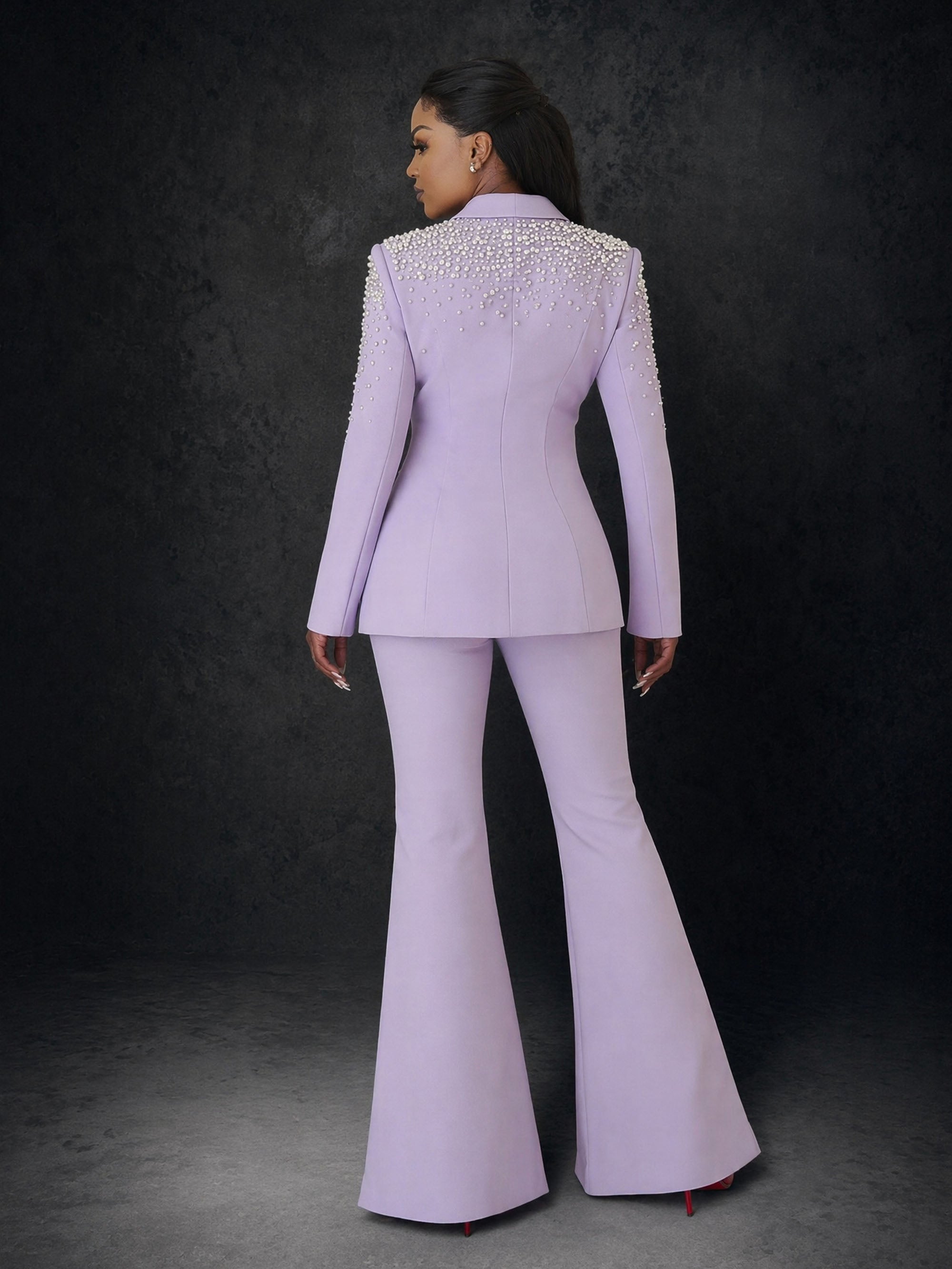 BOLODOO Lavender Pearl Rhinestone Shawl Lapel Blazer Pearl Trim Flare Pants Suit - Back View Showing Pearl Shoulder Detail