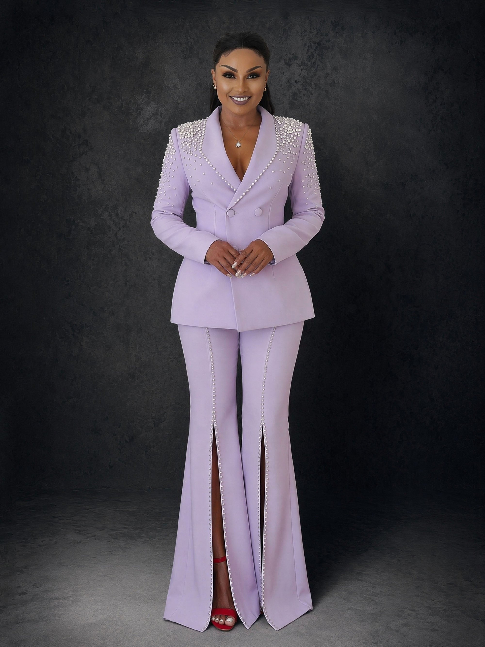 BOLODOO Lavender Pearl Rhinestone Shawl Lapel Blazer Pearl Trim Flare Pants Suit - Front Full Length Smiling View