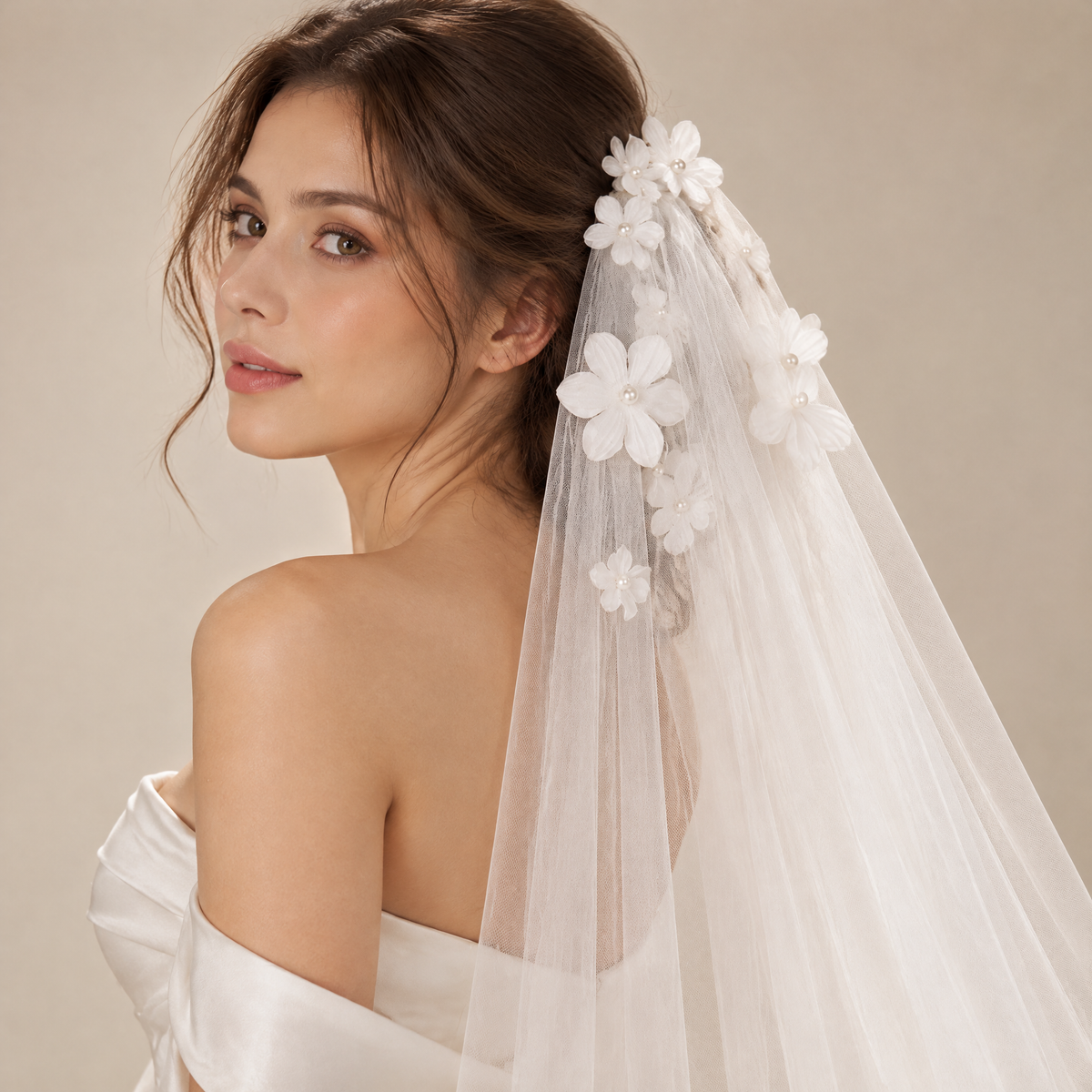 BOLODOO white bridal veil with dimensional flowers and pearl-look beads, close-up on model