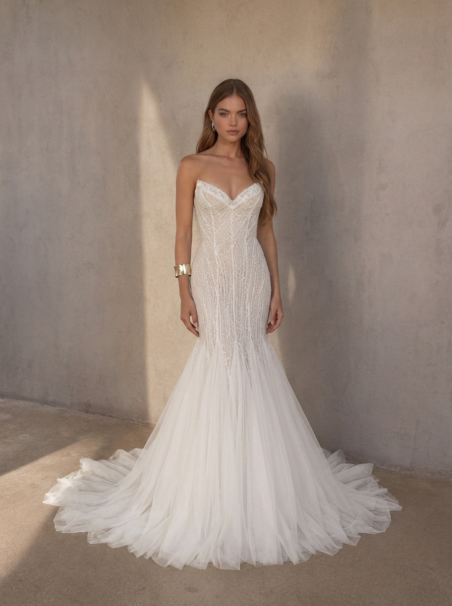 BOLODOO ivory pearl beaded sequin embroidered tulle strapless sweetheart mermaid wedding dress - back view showing open back and chapel train