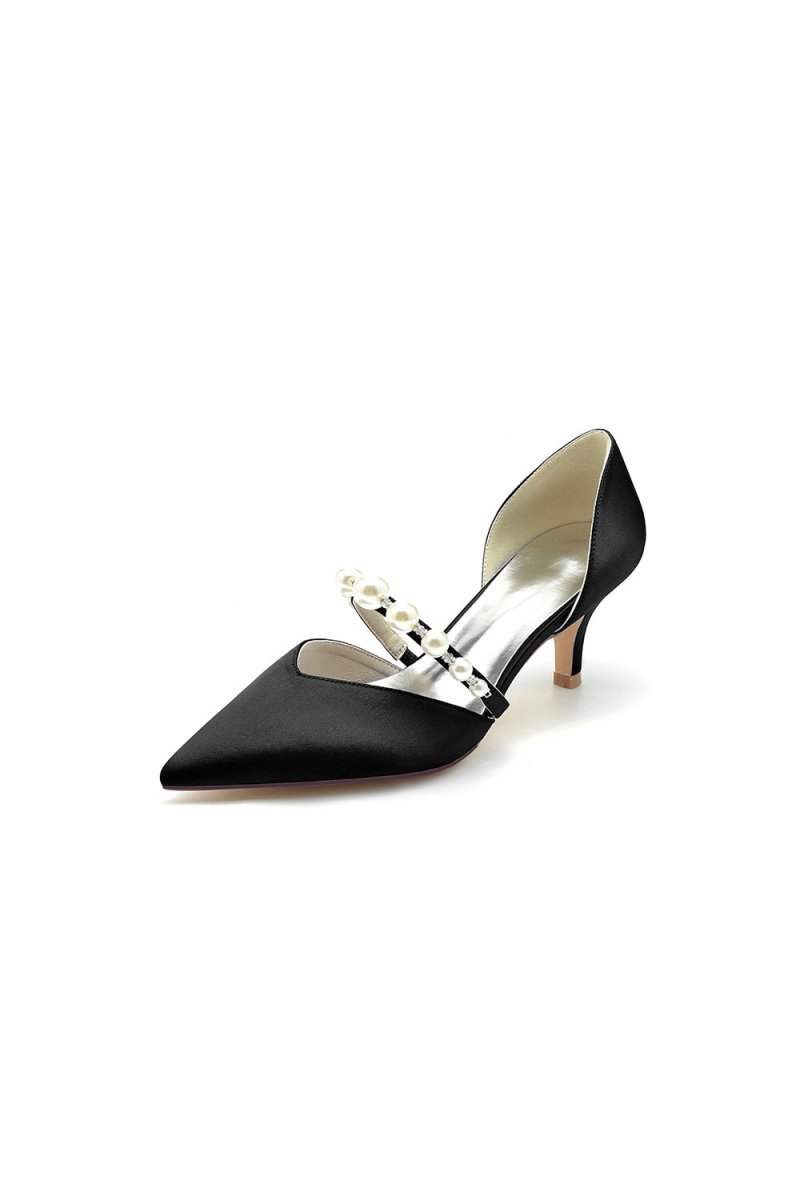 Elegant Satin Pointed Toe Heels with Pearl Strap - BOLODOO