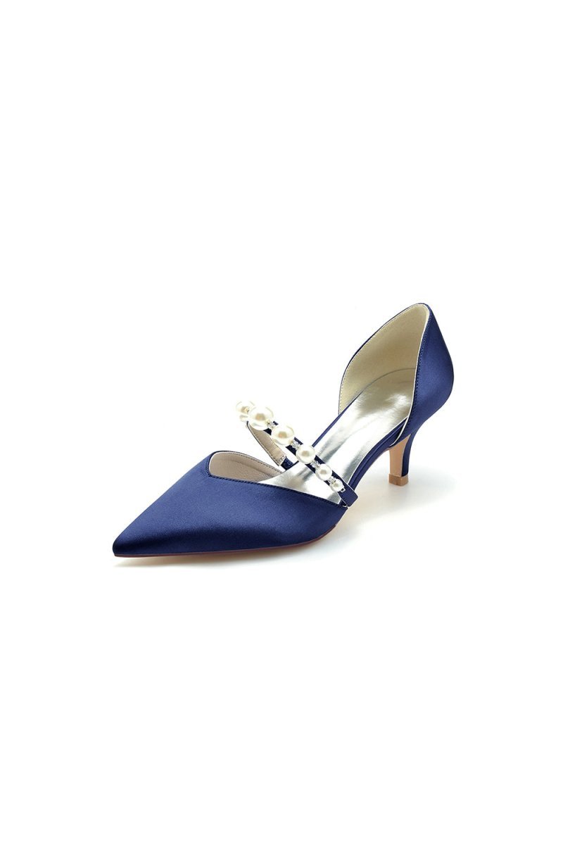 Elegant Satin Pointed Toe Heels with Pearl Strap - BOLODOO