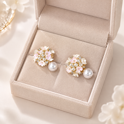 Pair of BOLODOO EE0005 floral wedding earrings displayed in a neutral jewelry box