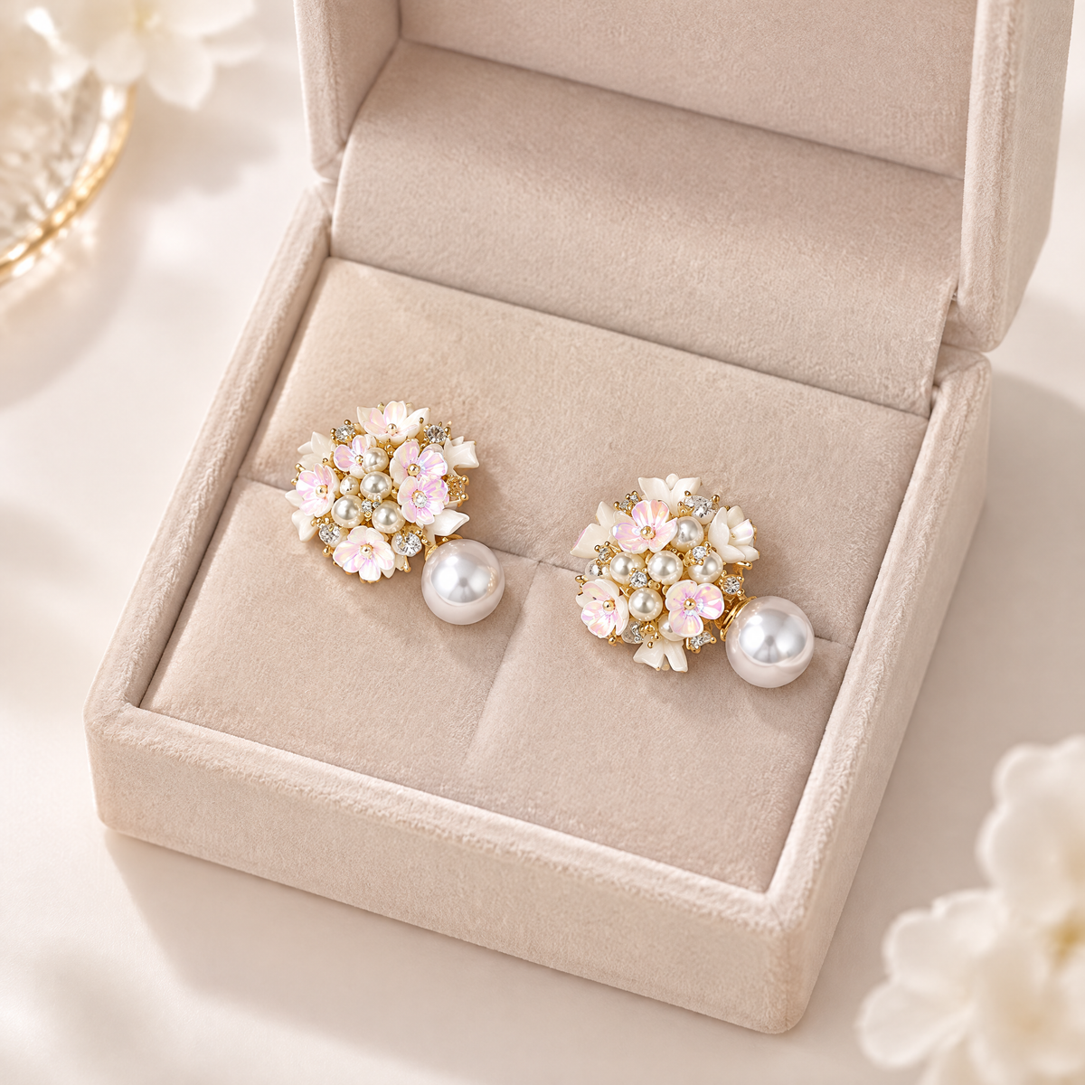 Pair of BOLODOO EE0005 floral wedding earrings displayed in a neutral jewelry box