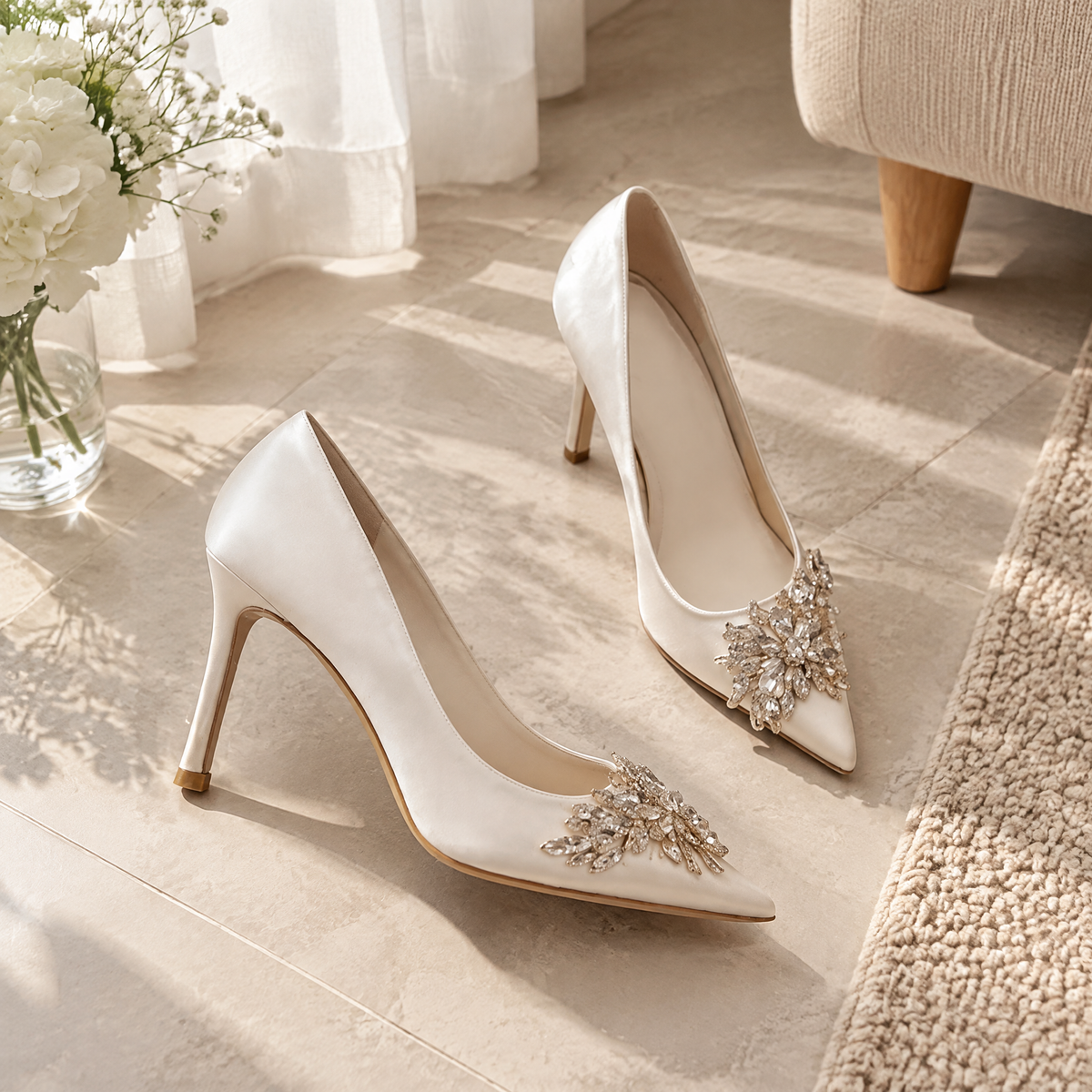 BOLODOO white satin wedding shoes with crystal rhinestone flower embellishment beside bridal bouquet