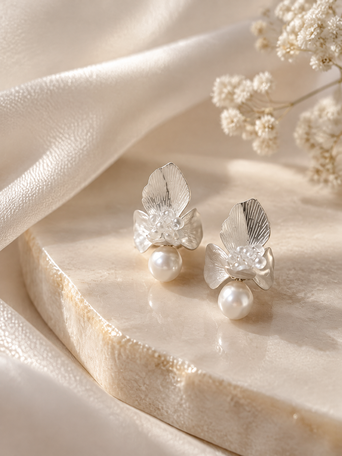 BOLODOO Silver-Tone Floral Pearl-Look Drop Bridal Earrings 