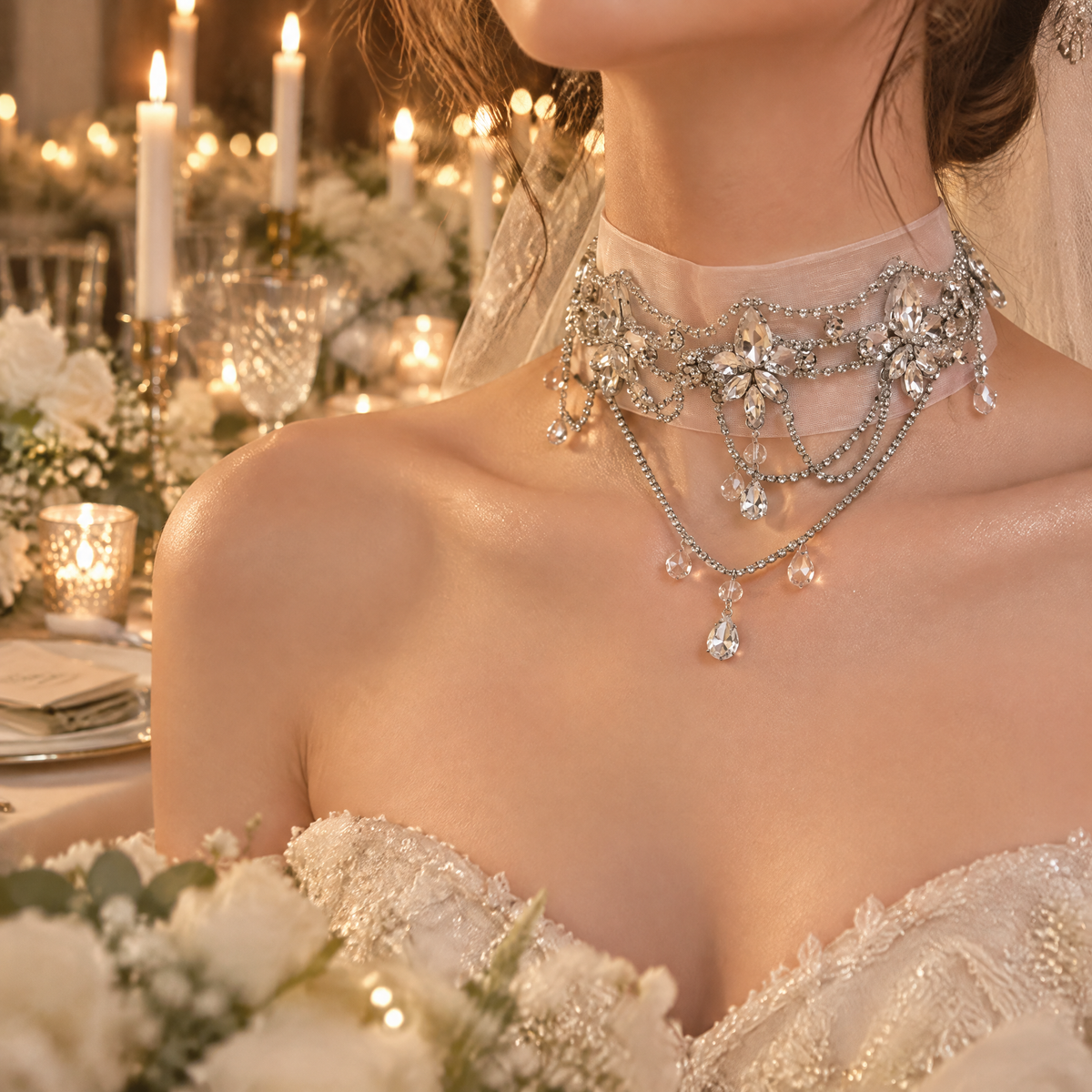BOLODOO cascading rhinestone bridal choker worn with a strapless wedding dress