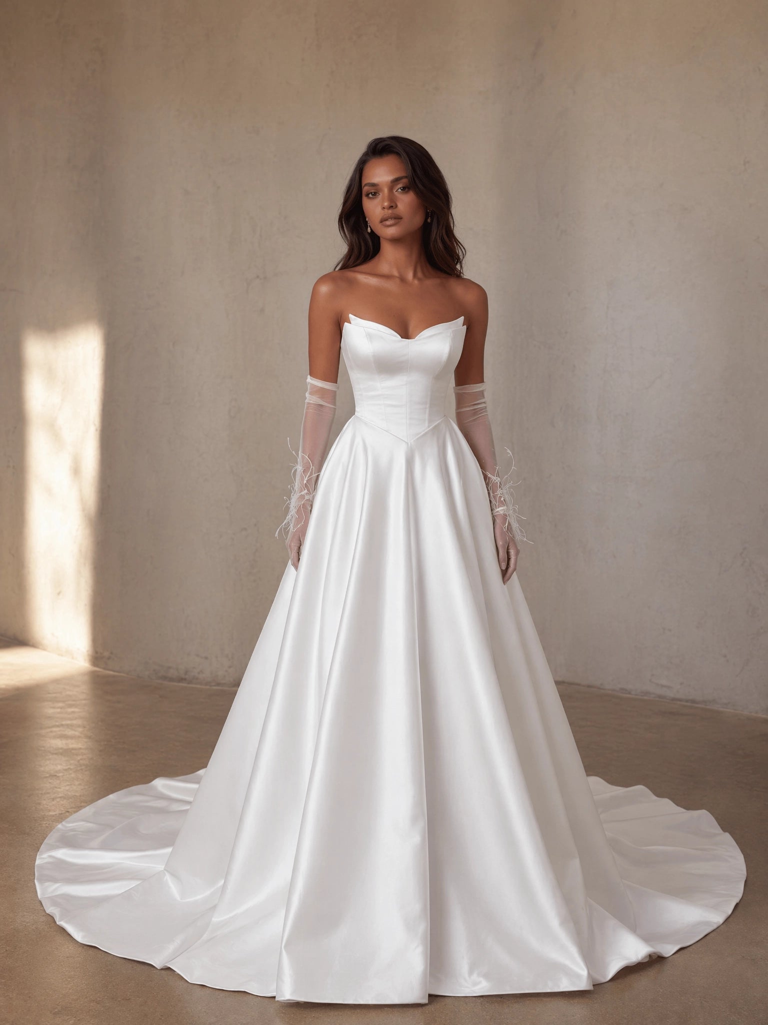 BOLODOO White Strapless Sweetheart Satin A-Line Princess Ball Gown - full front view with feather gloves and train