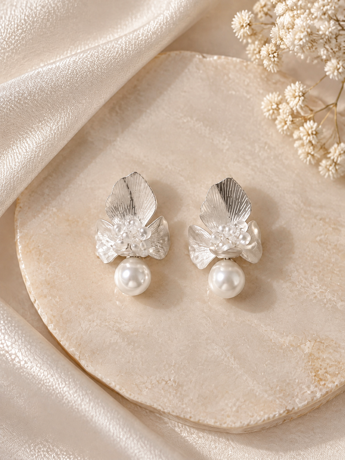 BOLODOO Silver-Tone Floral Pearl-Look Drop Bridal Earrings 
