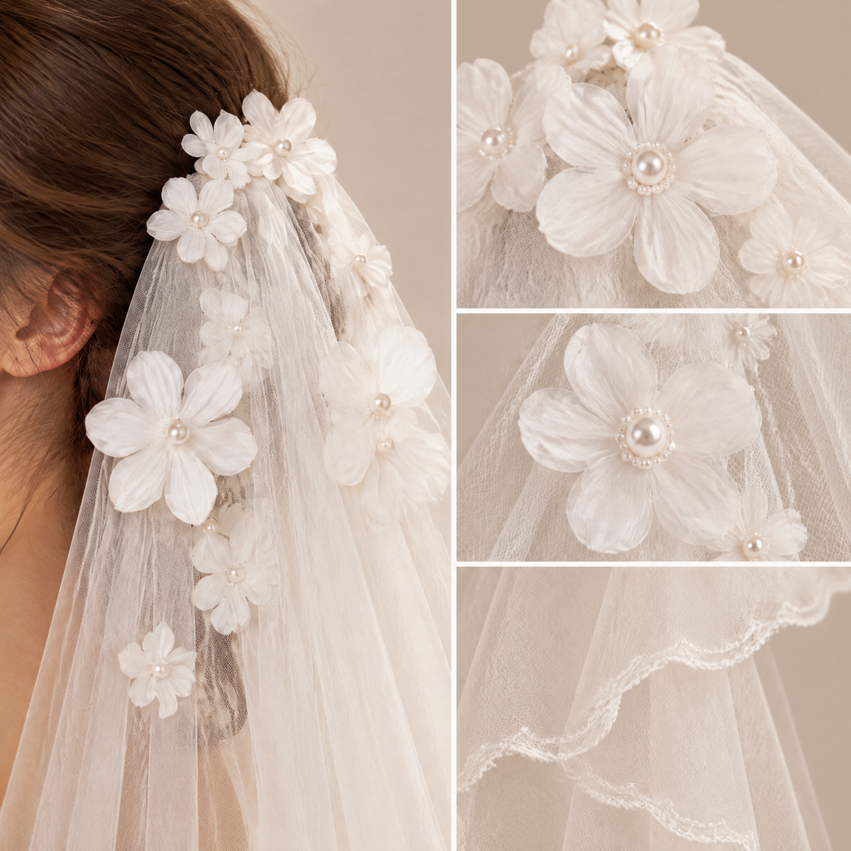 BOLODOO floral bridal veil detail collage showing 3D flowers, pearl-look accents and delicate edge