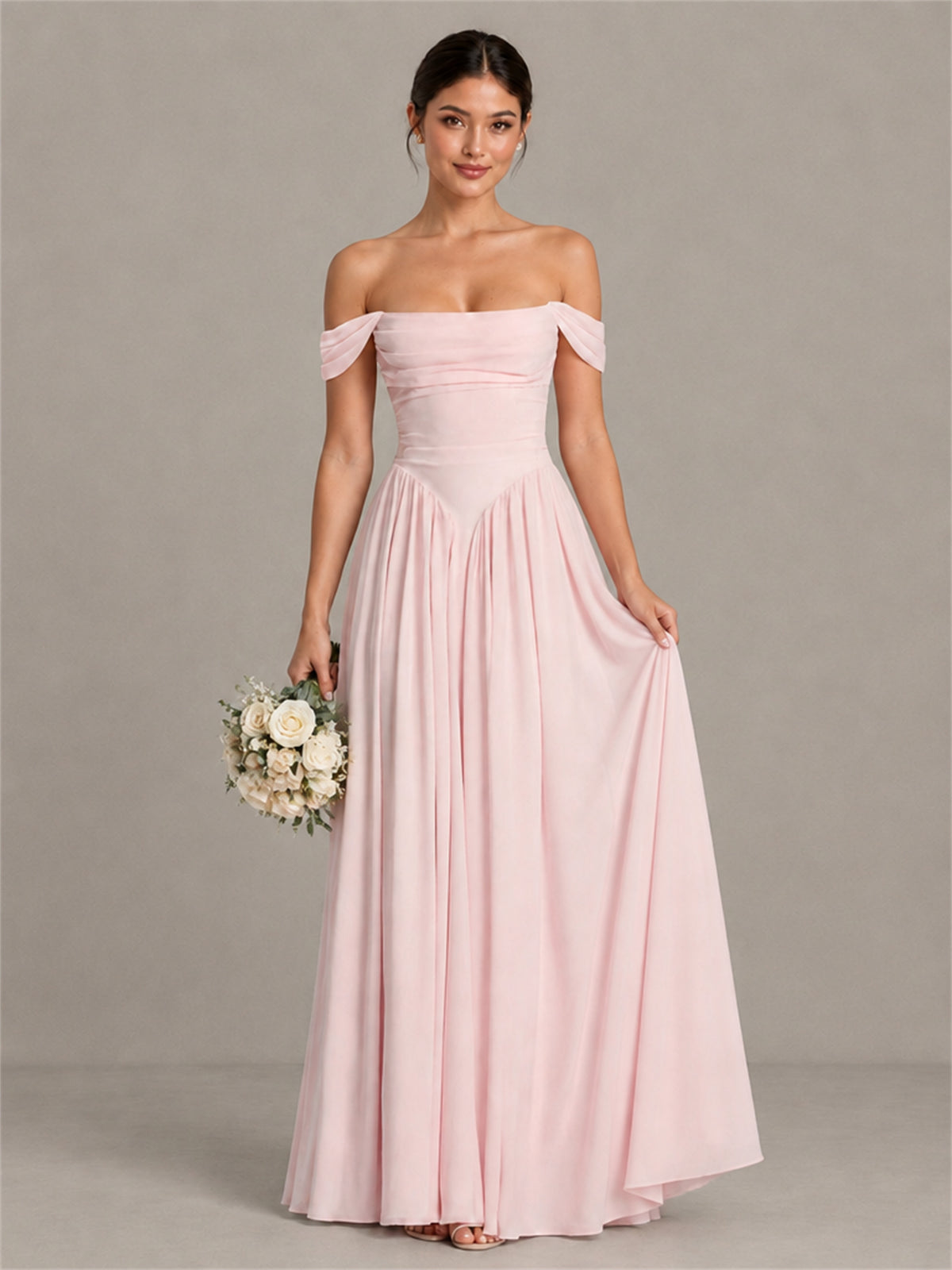 BOLODOO blush pink off-shoulder wedding guest dress side view