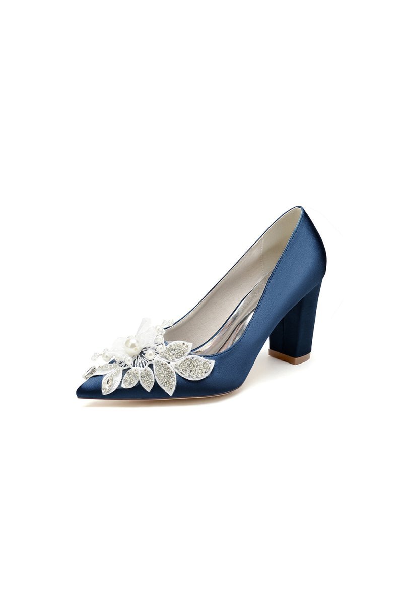 Floral Beaded Pointed Toe Chunky Heel - BOLODOO