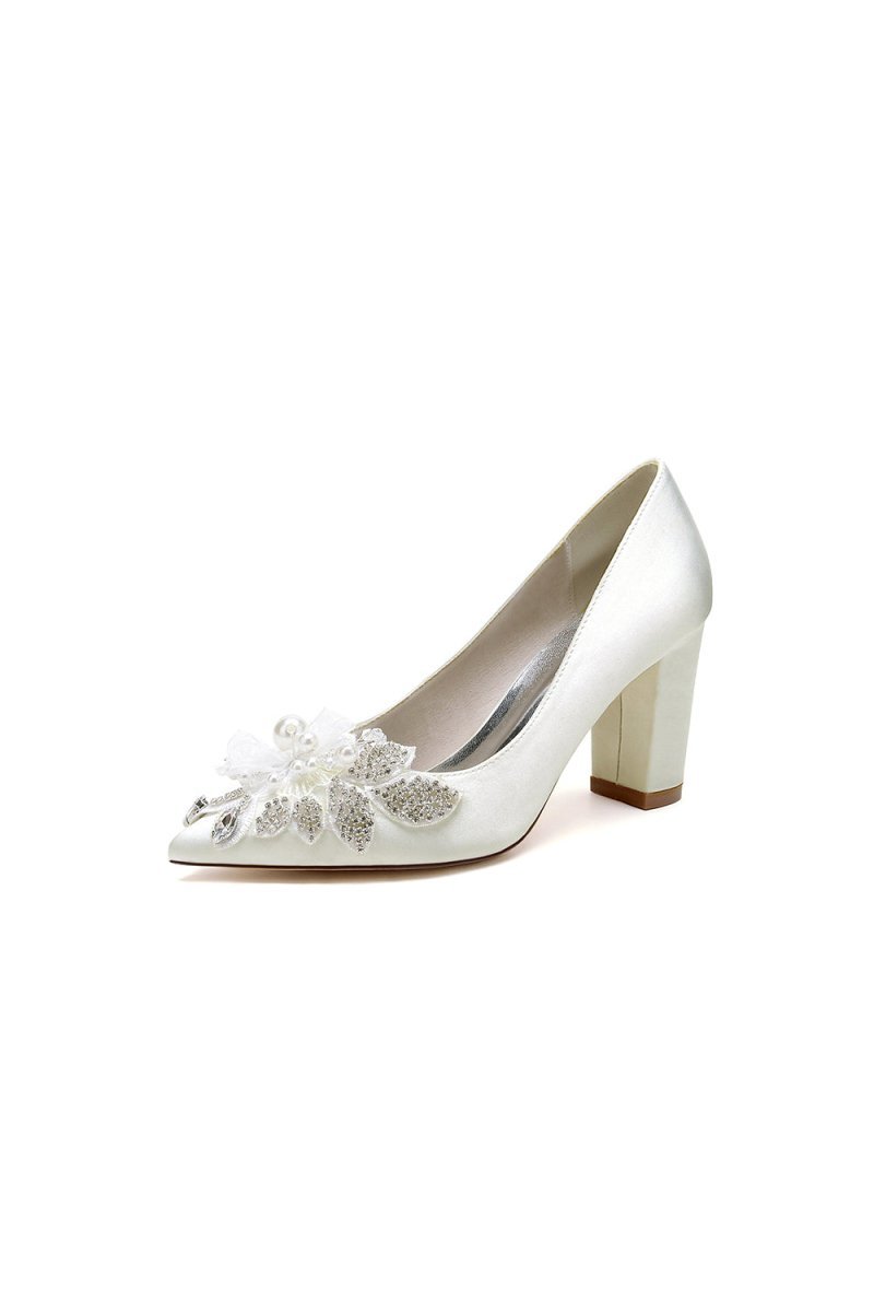 Floral Beaded Pointed Toe Chunky Heel - BOLODOO