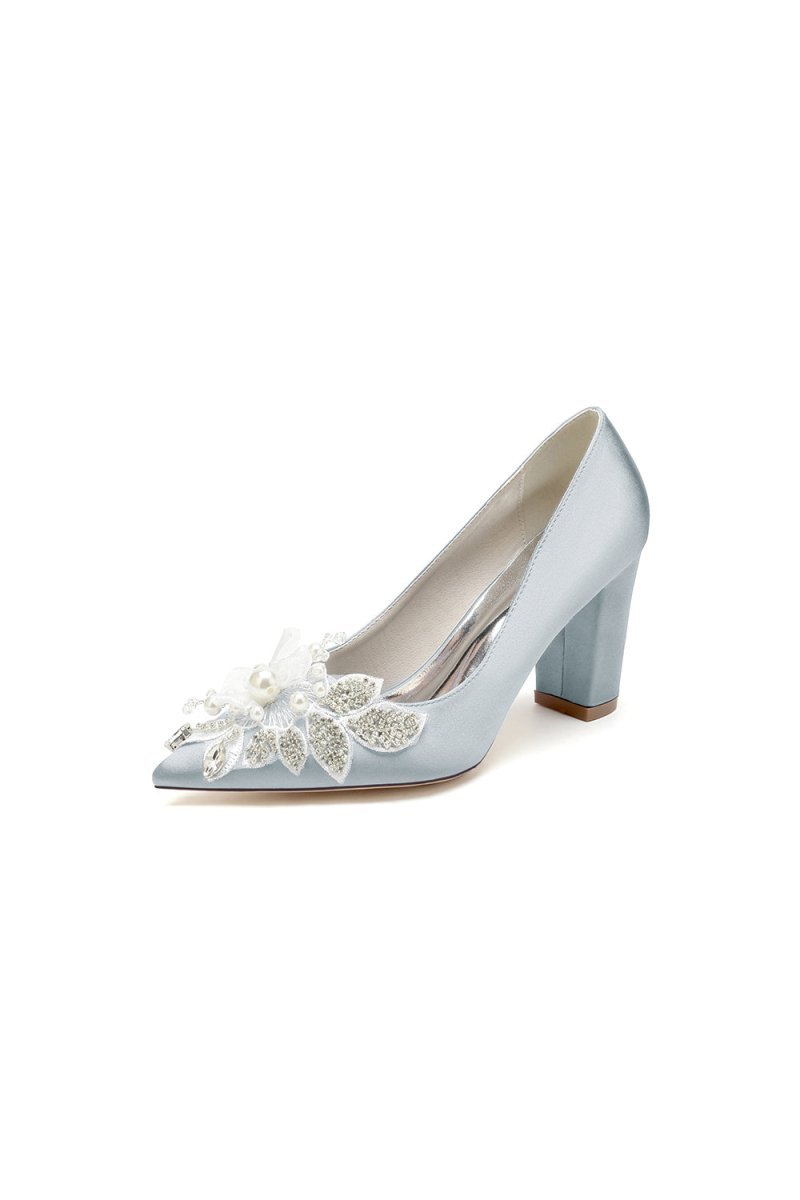 Floral Beaded Pointed Toe Chunky Heel - BOLODOO