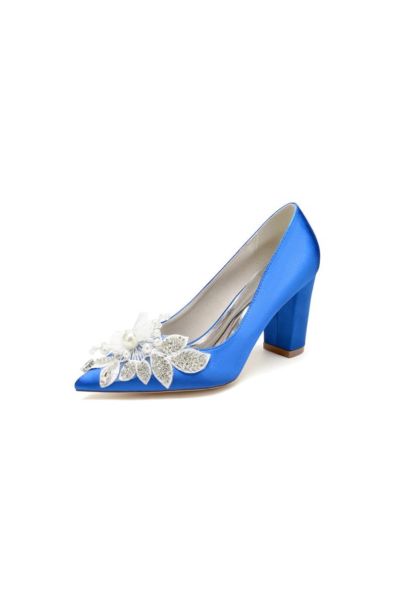 Floral Beaded Pointed Toe Chunky Heel - BOLODOO