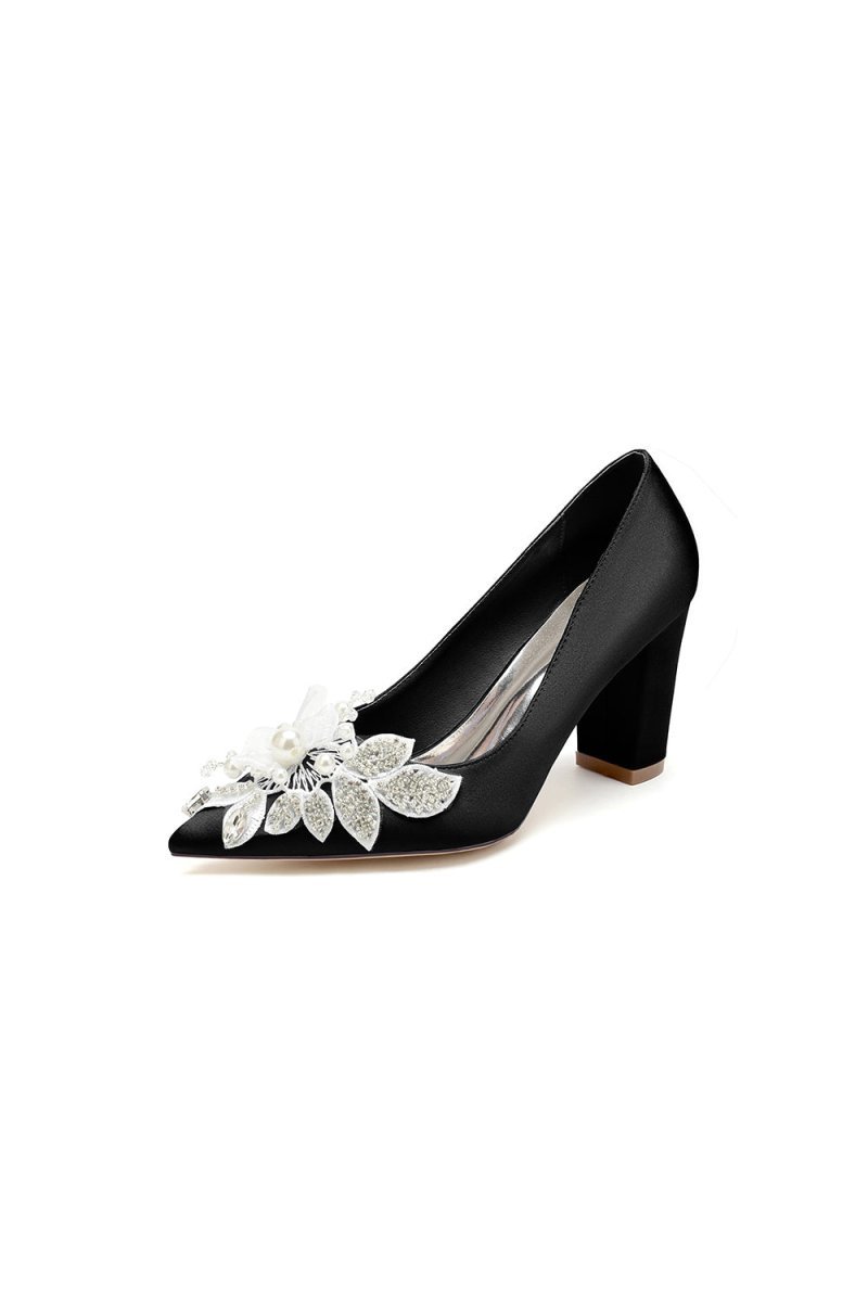 Floral Beaded Pointed Toe Chunky Heel - BOLODOO