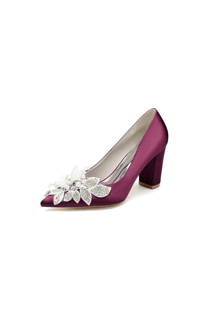 Floral Beaded Pointed Toe Chunky Heel - BOLODOO