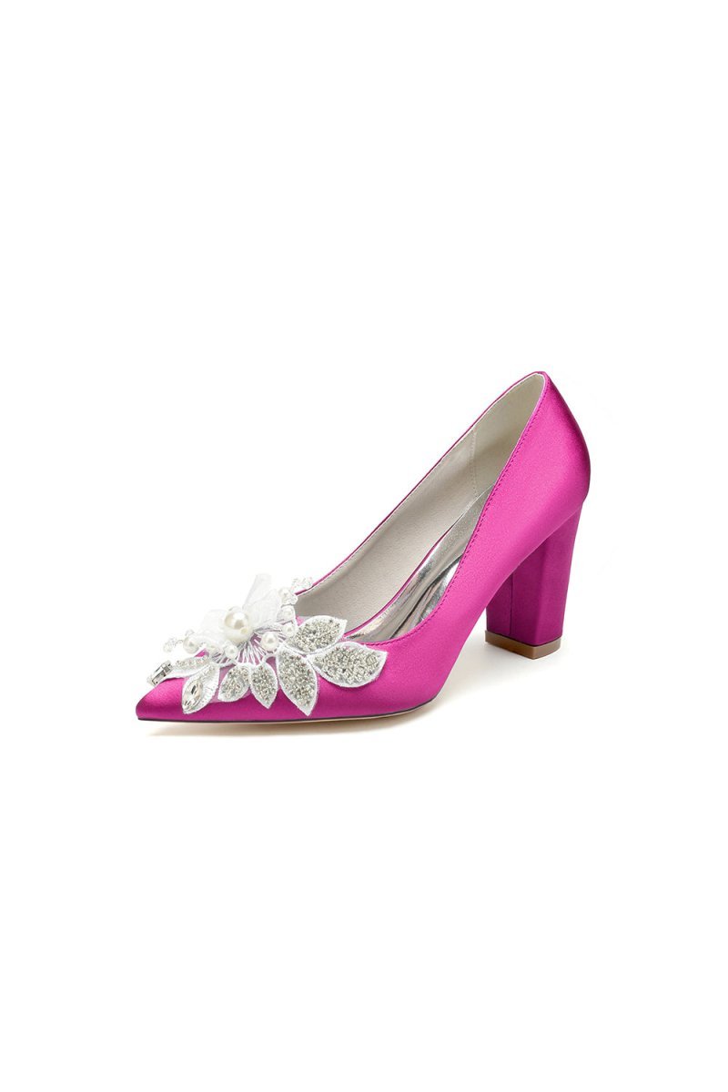 Floral Beaded Pointed Toe Chunky Heel - BOLODOO