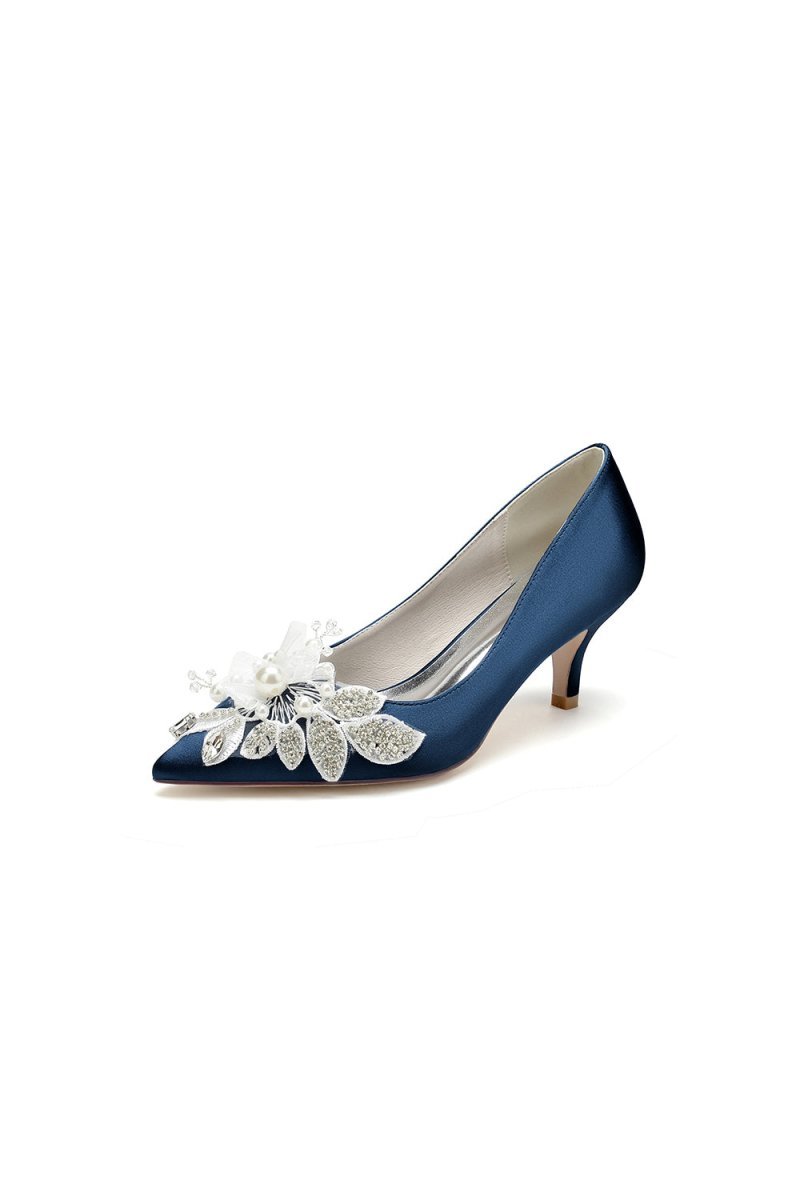 Floral Beading Pointed Toe Satin Kitten Heels - BOLODOO