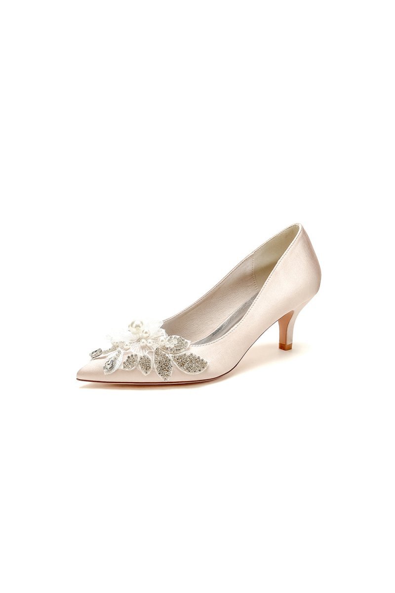 Floral Beading Pointed Toe Satin Kitten Heels - BOLODOO
