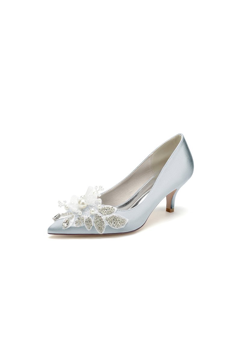 Floral Beading Pointed Toe Satin Kitten Heels - BOLODOO