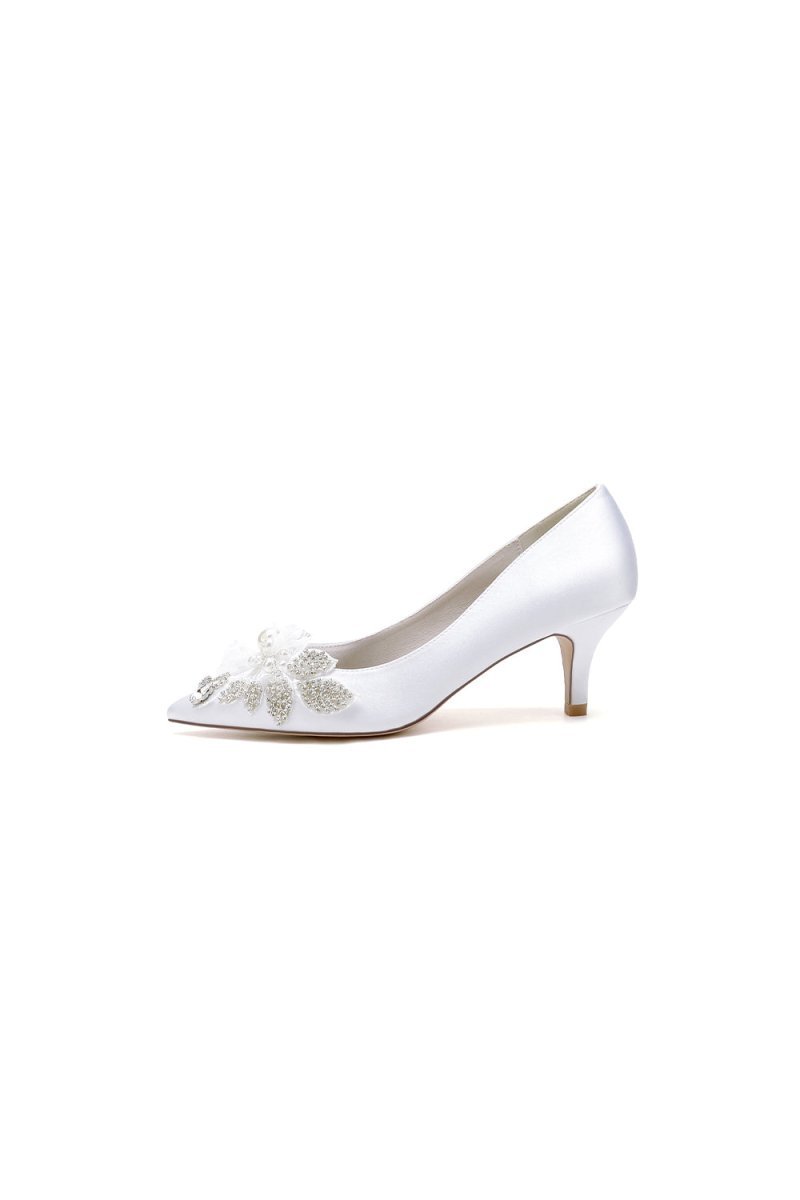 Floral Beading Pointed Toe Satin Kitten Heels