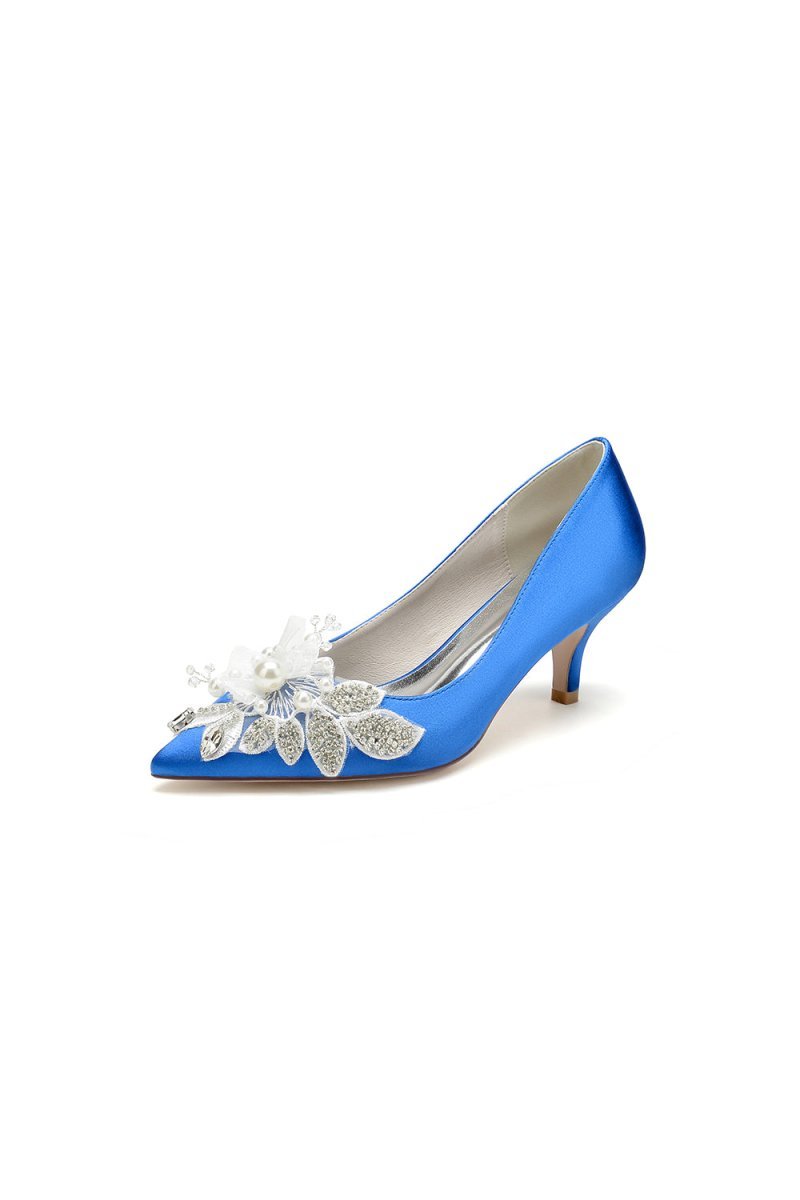 Floral Beading Pointed Toe Satin Kitten Heels - BOLODOO