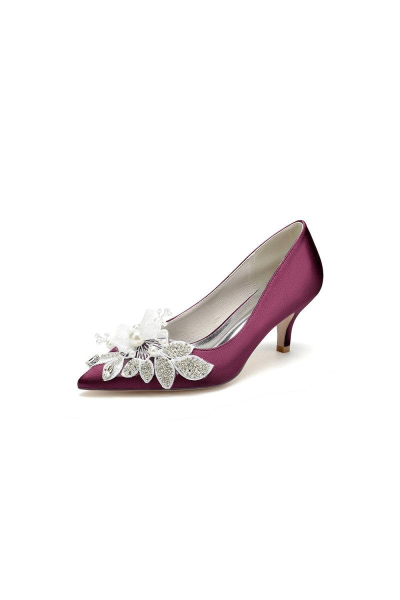 Floral Beading Pointed Toe Satin Kitten Heels - BOLODOO