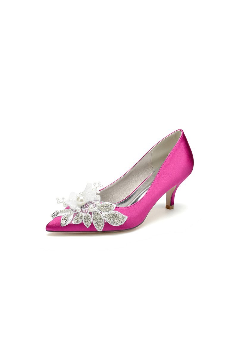 Floral Beading Pointed Toe Satin Kitten Heels - BOLODOO