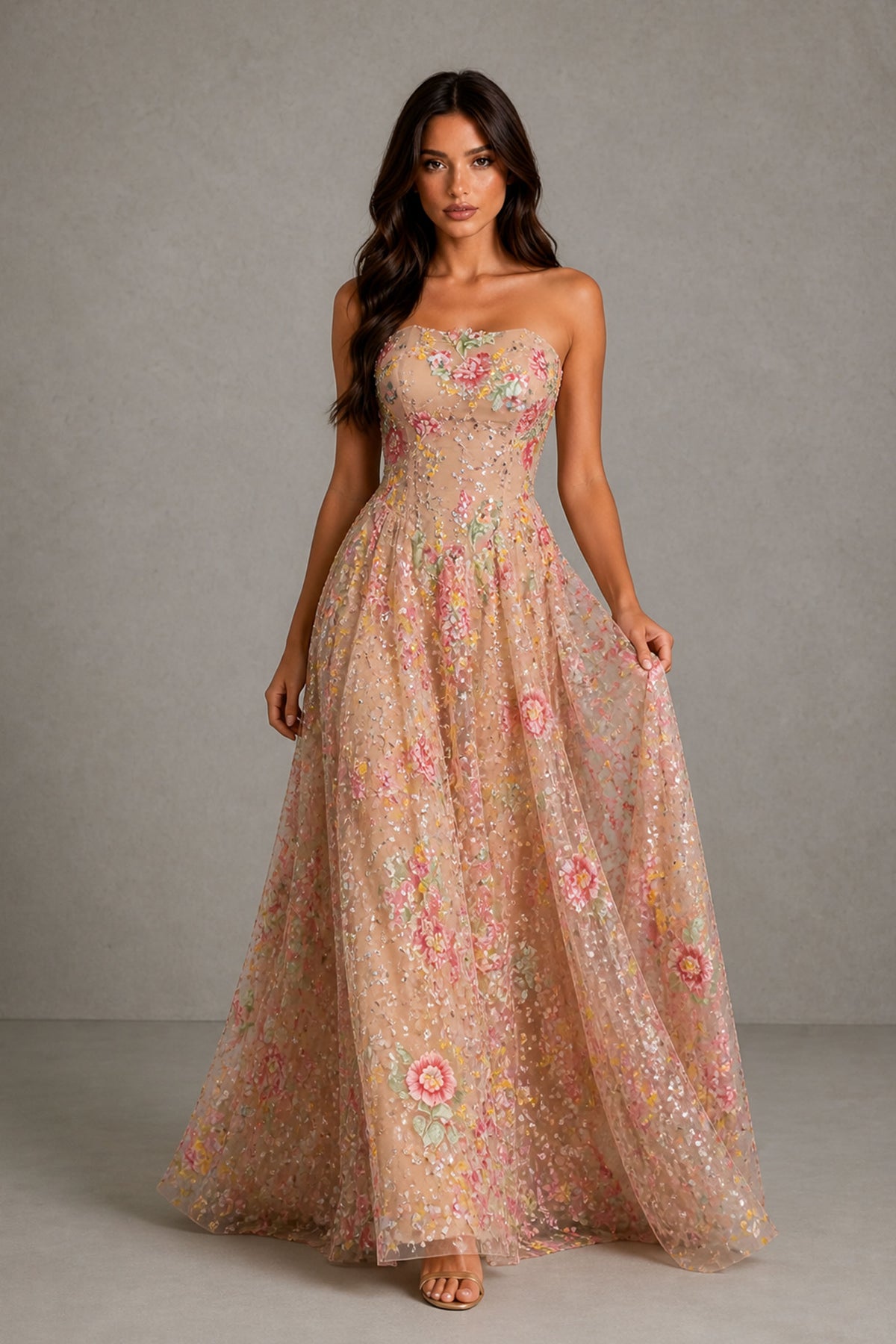 BOLODOO champagne 3D floral embroidered tulle corset ball gown – front view, strapless sweetheart neckline