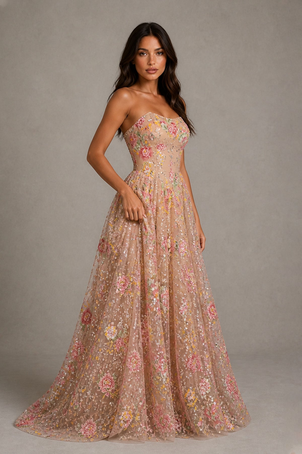 BOLODOO champagne 3D floral embroidered tulle ball gown – three-quarter side view showing A-line silhouette