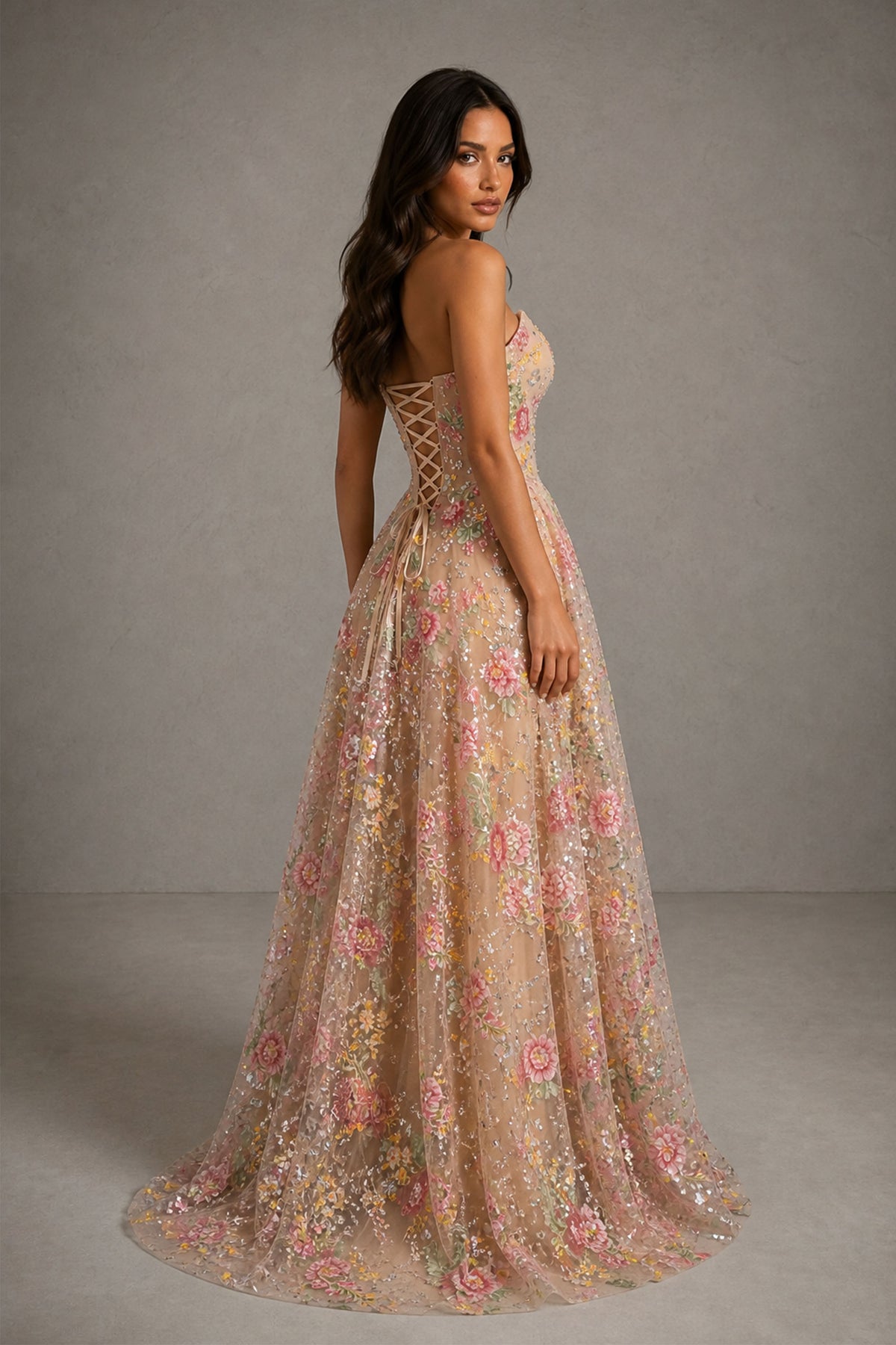 BOLODOO champagne 3D floral embroidered tulle ball gown – back view showing lace-up open back corset detail
