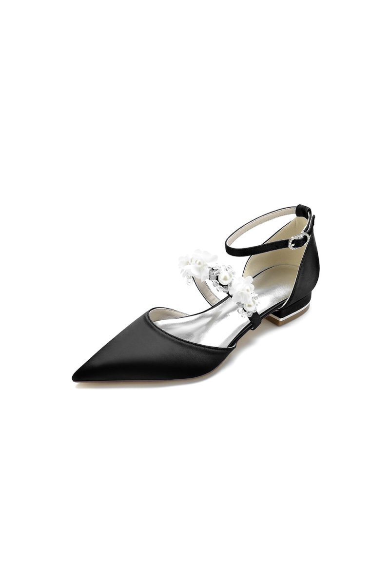 Flower Pearl Buckle Strap Pointed Toe Flats - BOLODOO
