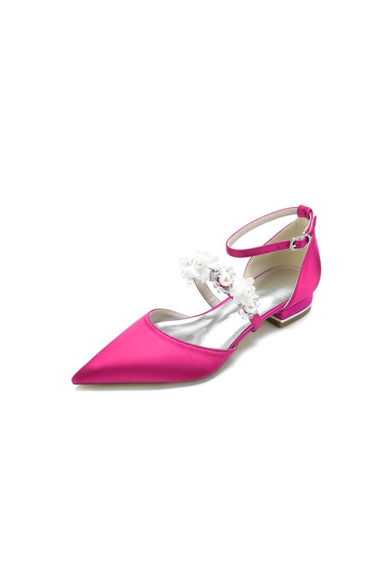 Flower Pearl Buckle Strap Pointed Toe Flats - BOLODOO