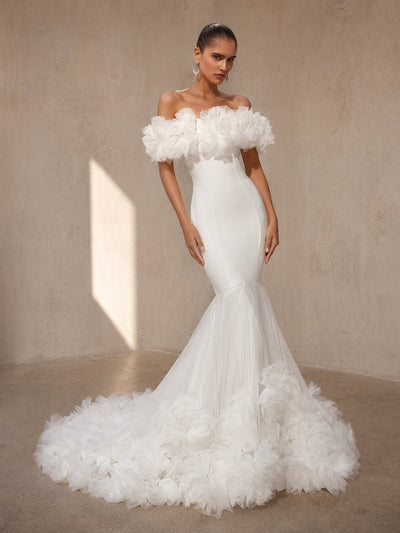 BOLODOO White Off-Shoulder 3D Floral Tulle Puff Sleeve Mermaid Wedding Gown - full front view with feather floral train