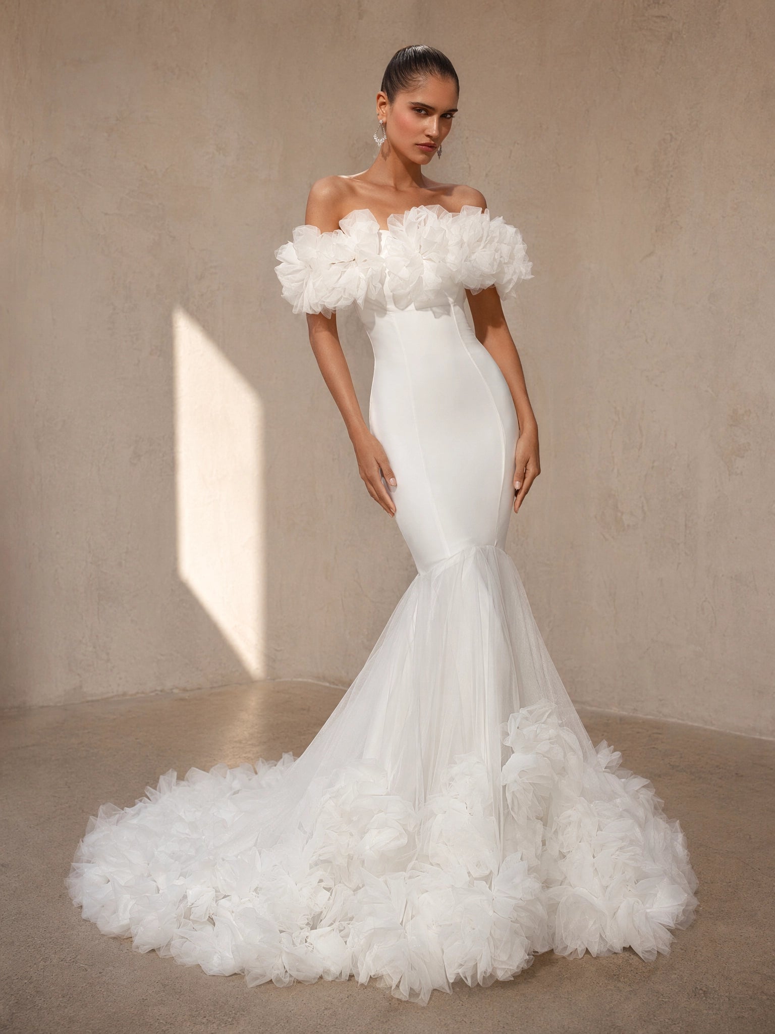 BOLODOO White Off-Shoulder 3D Floral Tulle Puff Sleeve Mermaid Wedding Gown - full front view with feather floral train