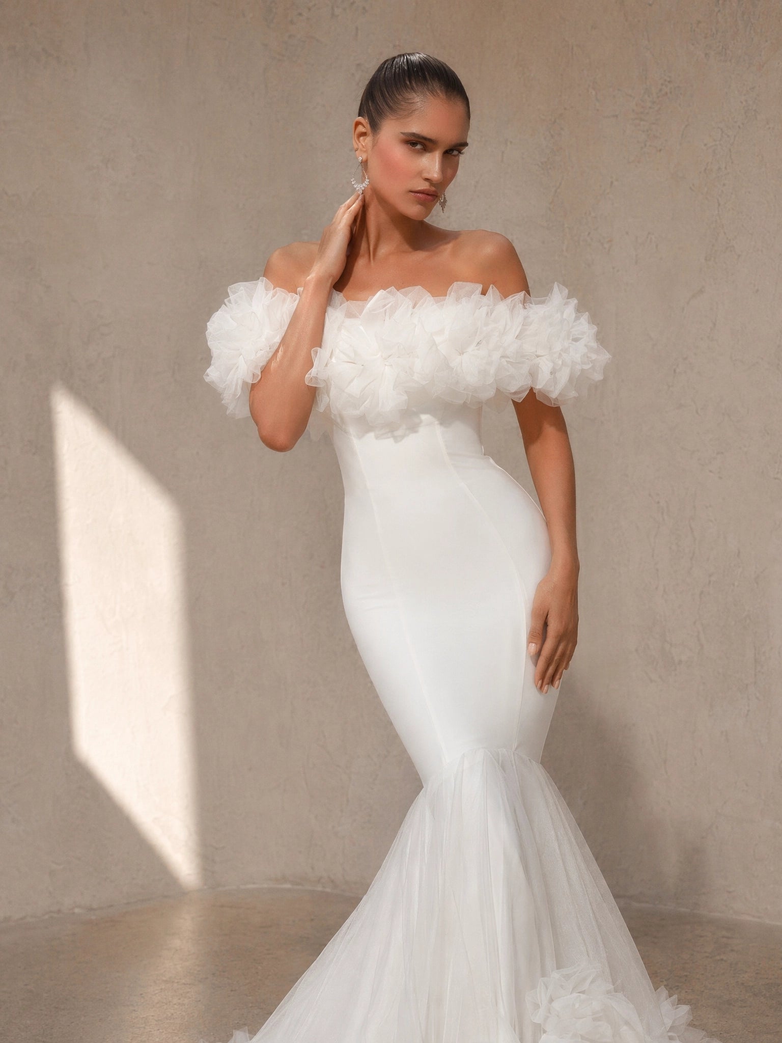 BOLODOO White Off-Shoulder 3D Floral Tulle Puff Sleeve Mermaid Wedding Gown - front bodice close-up 3D floral puff sleeve collar
