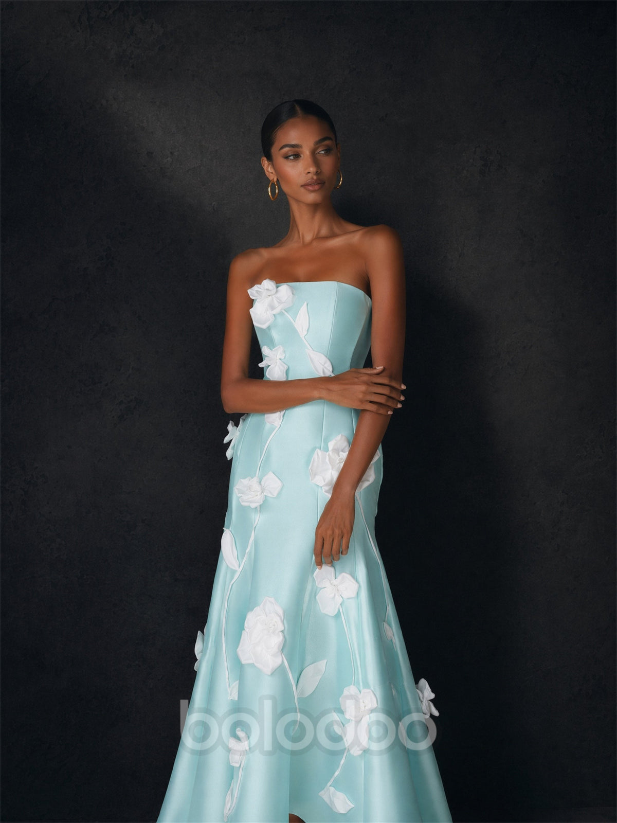 BOLODOO Light Blue 3D Floral Applique Strapless Hi-Low Formal Gown – Mermaid Evening & Prom Dress  | BOLODOO watermark