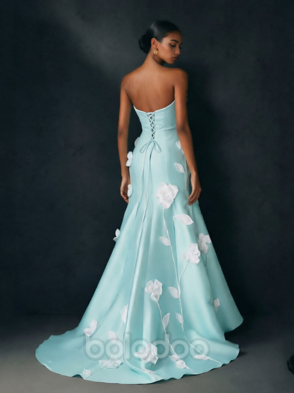 BOLODOO Light Blue 3D Floral Applique Strapless Hi-Low Formal Gown – Mermaid Evening & Prom Dress  | BOLODOO watermark