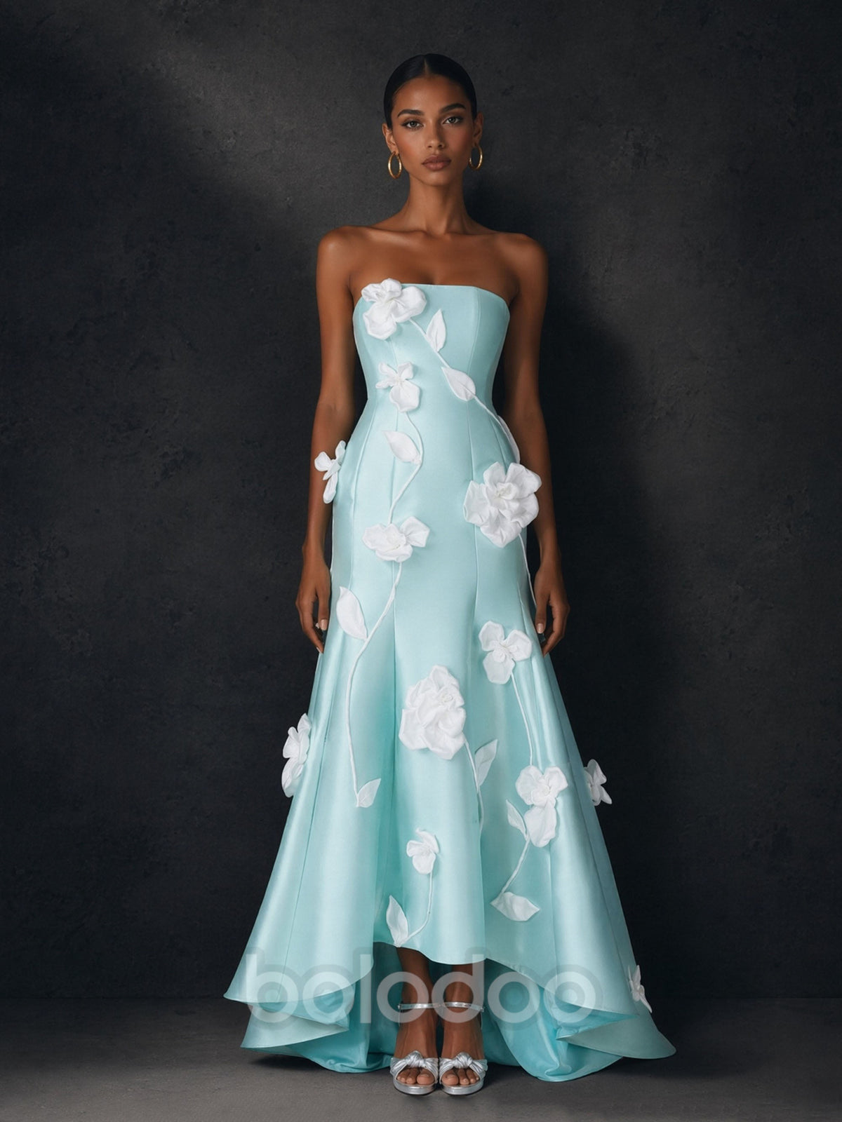 BOLODOO Light Blue 3D Floral Applique Strapless Hi-Low Formal Gown – Mermaid Evening & Prom Dress  | BOLODOO watermark