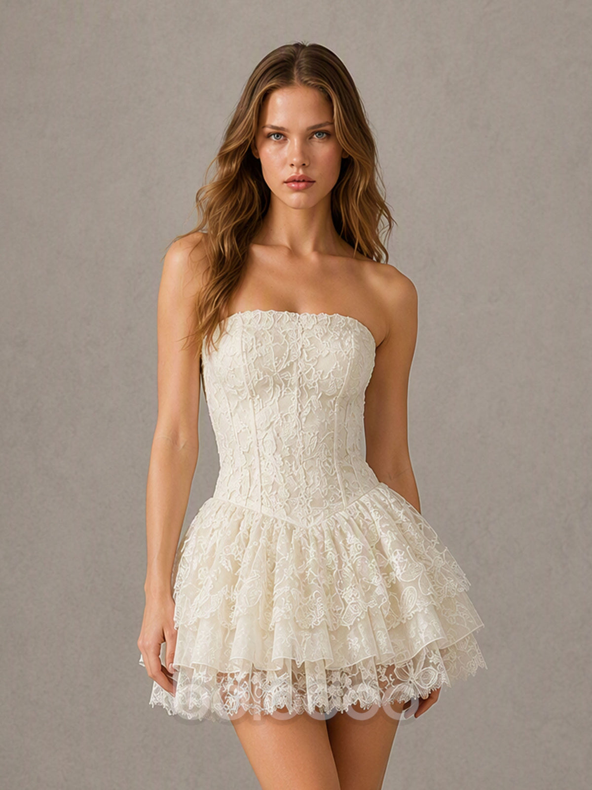 BOLODOO Ivory Lace Strapless Boned Corset Tiered Ruffle Open Back Mini Dress – Front View | BOLODOO watermark