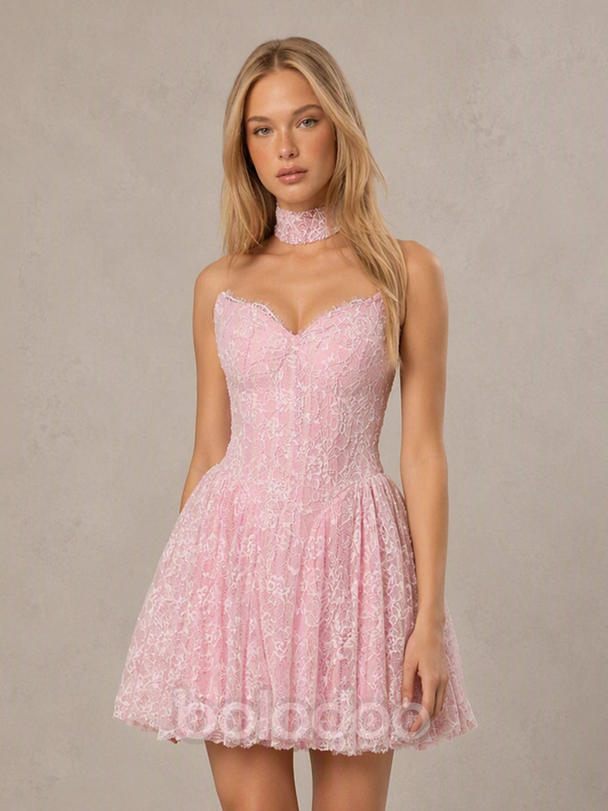BOLODOO Pink Glitter Floral Lace Sweetheart Corset A-Line Mini Dress with Lace Choker - Front Side View | BOLODOO watermark