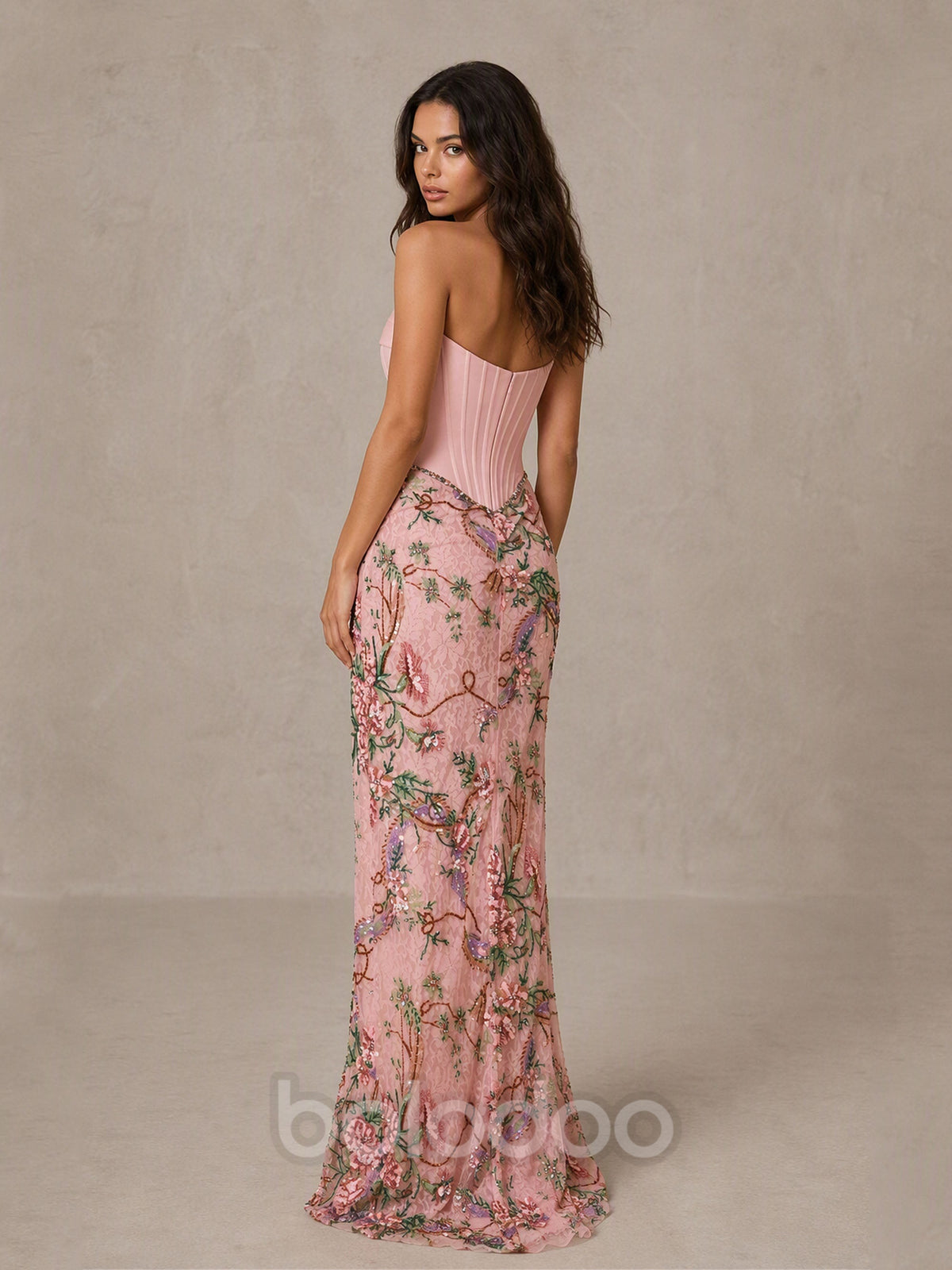 BOLODOO Blush Pink Strapless Satin Corset V-Waist Multicolor Floral Sequin Embroidery Mermaid Maxi Gown with High Slit & Open Back – Prom, Formal & Wedding Guest Dress  | BOLODOO watermark