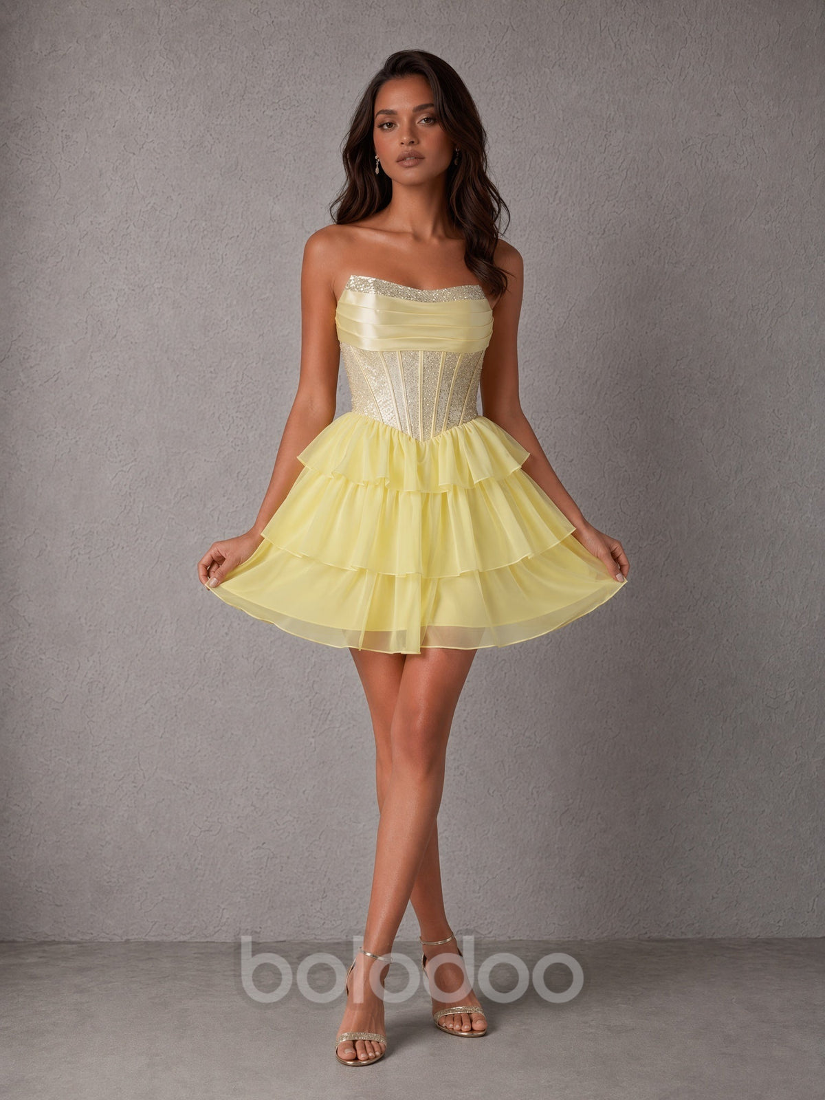 BOLODOO Yellow Strapless Lace Corset Tiered Ruffle Mini Dress  | BOLODOO watermark
