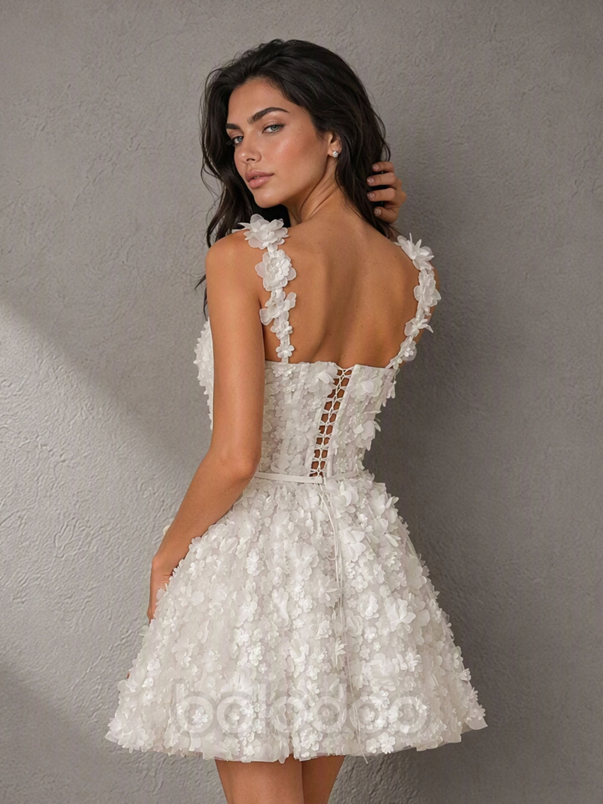 BOLODOO BD0565 white 3D floral appliqué mini dress - back view showcasing corset lace-up open back and floral strap detail | BOLODOO watermark