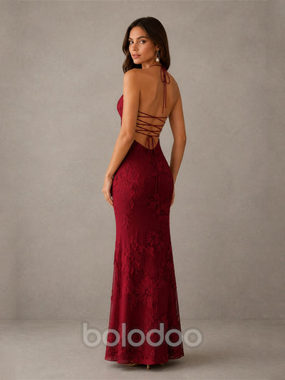 BOLODOO BD0257 wine red tonal floral embroidered halter mermaid maxi dress - full length front view alternate angle | BOLODOO watermark