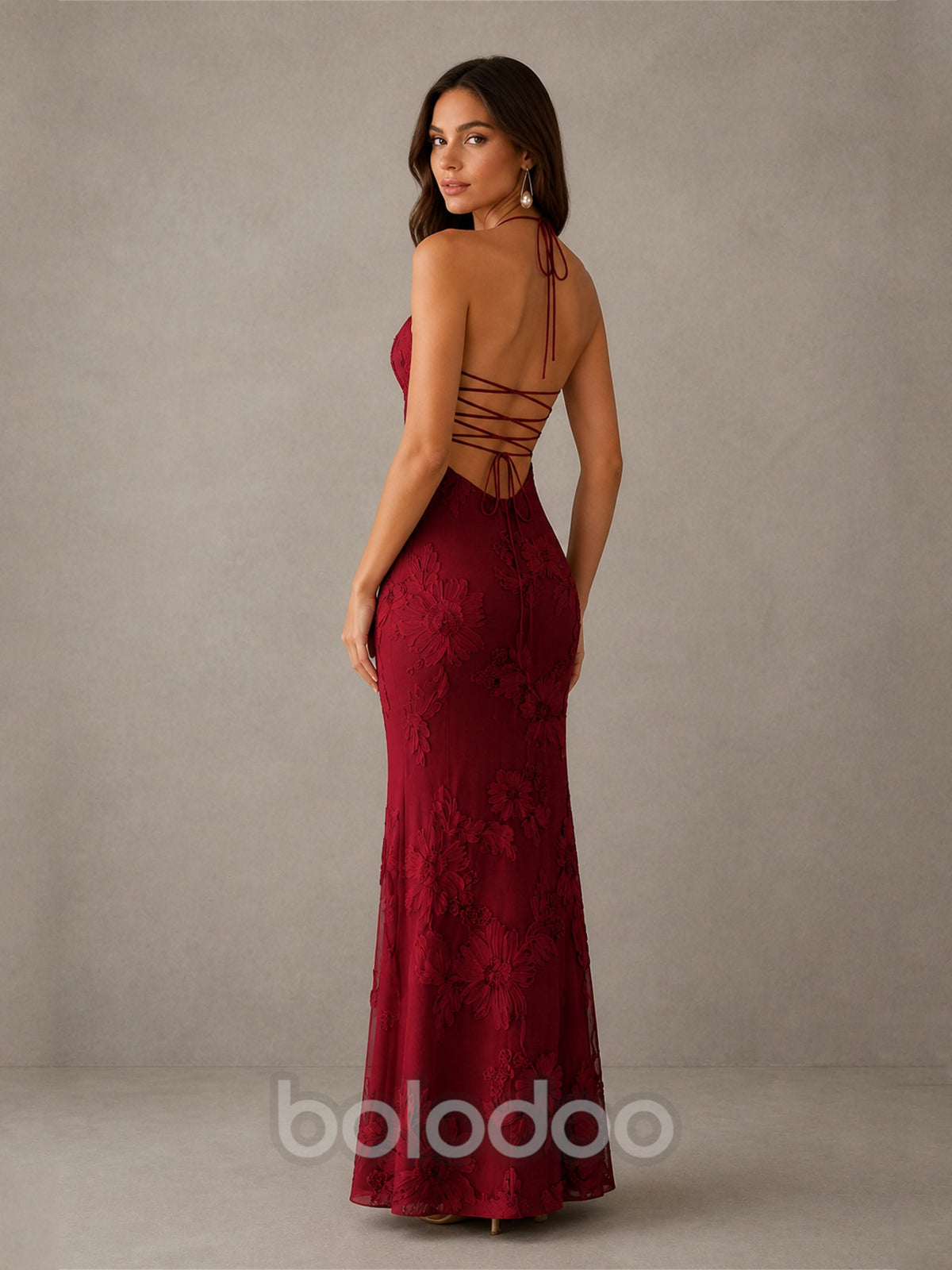 BOLODOO BD0257 wine red tonal floral embroidered halter mermaid maxi dress - full length front view alternate angle | BOLODOO watermark
